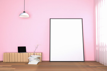 3d rendering : illustration of white mock up frame. hipster background. mock up white poster or picture frame. living room interior.