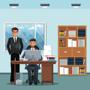 men office place working desk furniture books trash can vector illustration eps 10