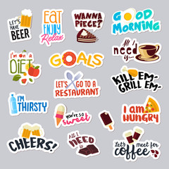 Set of funny stickers for social network. Food and drink stickers for mobile messages, chat, social media, online communication, networking, web design.