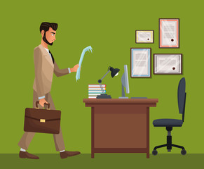 man standing office space desk chair diploma vector illustration eps 10