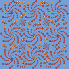 Sea anemones and clownfish. The pattern on the blue-green background. Stylized sea anemones and colorful fish of coral reefs. Design for textiles, wrapping paper, napkins, background for the site.