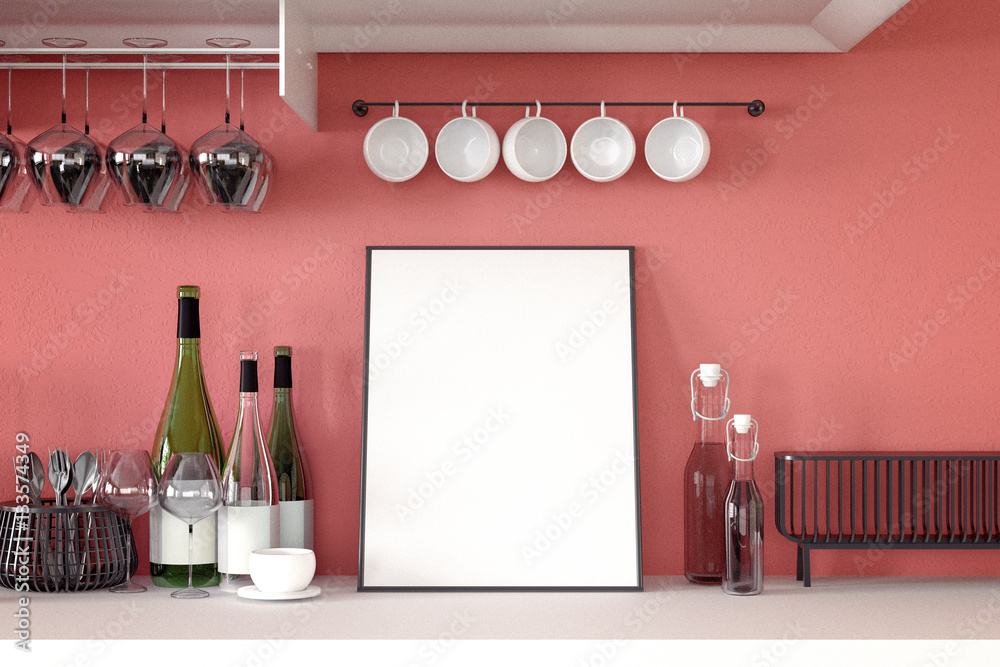 Wall mural 3d rendering : illustration of white mock up frame. hipster background. mock up white poster or picture frame.kitchen room interior.