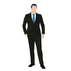 Business man standing in dark suit with hand in his pocket, isol