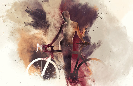 Naked woman with a bicycle. Watercolor. Digital art