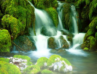 Naklejka na ściany i meble Mountain stream among the mossy stones