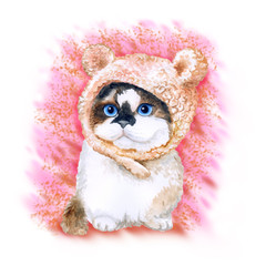 Watercolor portrait of cute kitten in hat with ears isolated on pink background. Hand drawn sweet home pet. Bright colors, realistic design. Greeting card design. Clip art. Place for your text