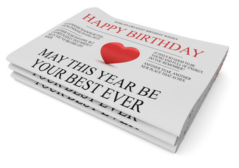 Pile of Happy Birthday Newspapers With Funny Wishes, 3d illustration on white background