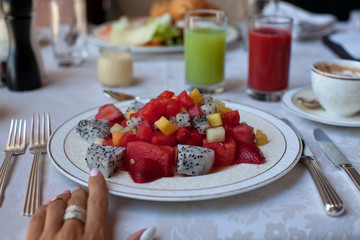 Breakfast, healthy fresh fruit salad.