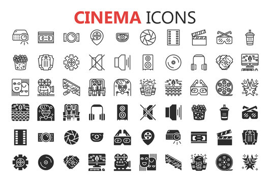 Simple Set of Cinema Related Vector Line Icons. 
Contains such Icons as Movie Theater, TV, Popcorn, Video Clip and more. 
Editable Stroke