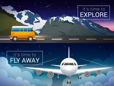 Vector travel banners set. Passenger airplane in the clouds., Alps mountains, minibus in the wild.