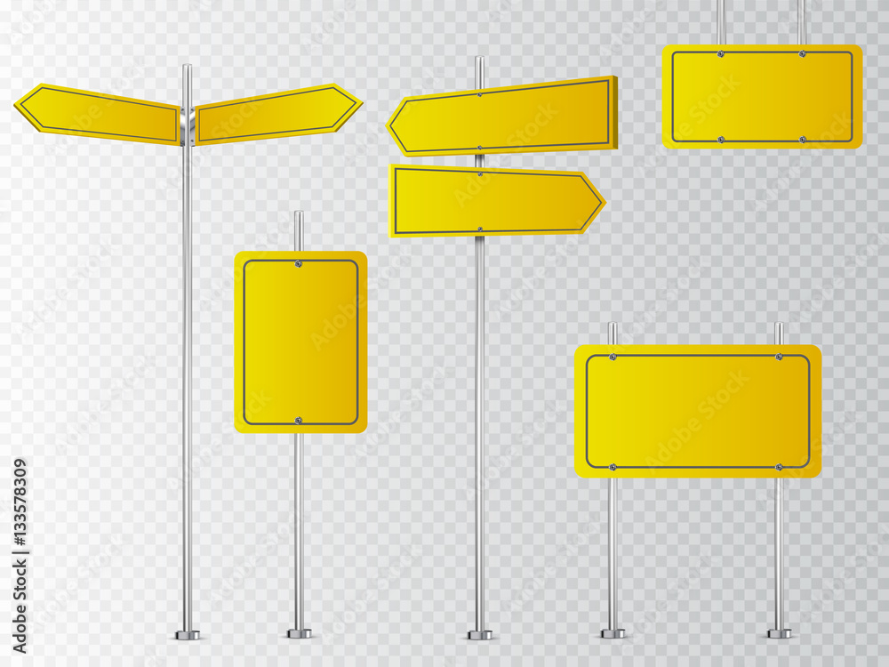 Poster set of blank vector road signs isolated on transparent background.