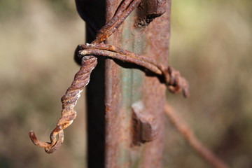 Rusty barbed wire on rusty green fence post.