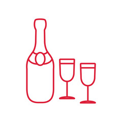 champagne bottle with glasses alcohol red on white line icon