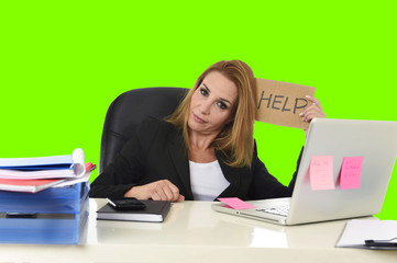 businesswoman holding help sign working desparate in stress isolated green chroma key