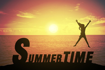 Silhouette young woman jumping and raising up her hand about happy concept on SUMMER TIME text over a beautiful sunset or sunrise at the sea. background for happy. rest in summer. travel concept