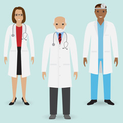 Hospital staff concept. Group of old doctor and young male and female doctors standing together. Medical people.