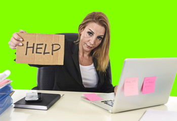 businesswoman holding help sign working desparate in stress isolated green chroma key