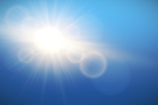 Sun with lens flare on blue sky, vector.