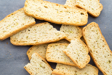 Garlic and herb bread slices. Eco food.