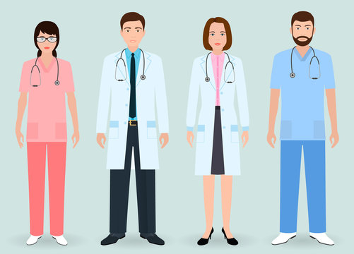 Hospital Staff Concept. Group Of Man And Woman Doctors, Nurse, Medical Orderly.