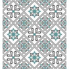 Seamless white background with beige and green pattern in baroque style.