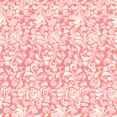 Seamless red background with light pattern in baroque style. Vector retro illustration. Ideal for printing on fabric or paper.