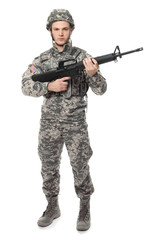 Fototapeta premium Soldier with assault riffle on white background