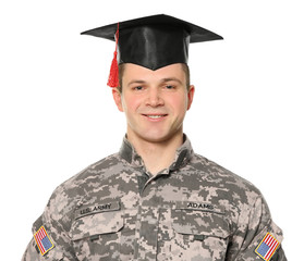 Soldier wearing graduation cap, on white background