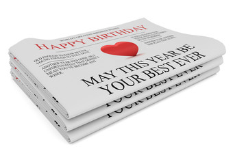 Pile of Happy Birthday Newspapers With Funny Wishes, 3d illustration on white background