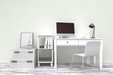 3D Rendering : illustration of modern interior Creative designer office desktop with PC computer.working place of graphic design.close-up.Mock up.light from outside. frame mock up.