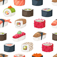 Sushi and rolls seamless pattern vector.