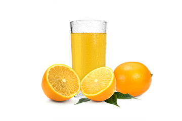 Delicious orange juice in glass and fruit slices isolated on white background