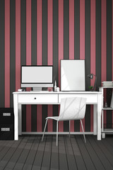 3D Rendering : illustration of modern interior Creative designer office desktop with PC computer.work place of graphic design.close up.Mock up.light from outside. frame mock up.clipping path included