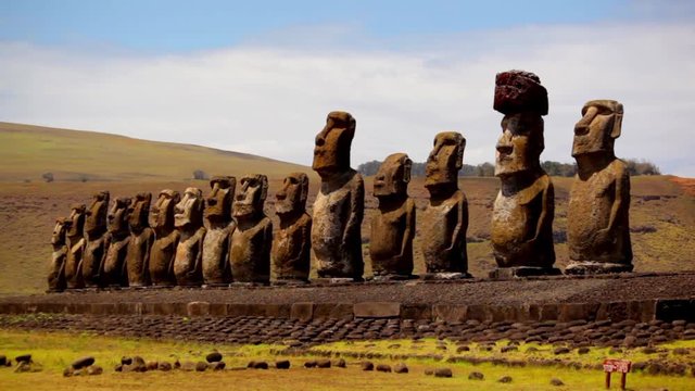 Easter Island statues on a sunny day.
