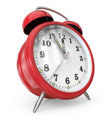 Red Alarm Clock. 3D render of a Red Alarm Clock. Hands pointing at five to twelve.