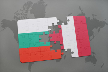 puzzle with the national flag of bulgaria and peru on a world map