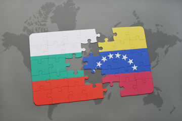 puzzle with the national flag of bulgaria and venezuela on a world map