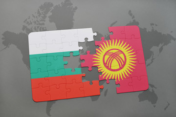 puzzle with the national flag of bulgaria and kyrgyzstan on a world map