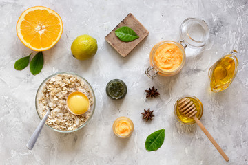 organic citrus scrub homemade on gray background top view