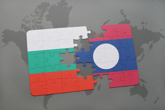 puzzle with the national flag of bulgaria and laos on a world map