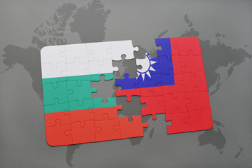puzzle with the national flag of bulgaria and taiwan on a world map