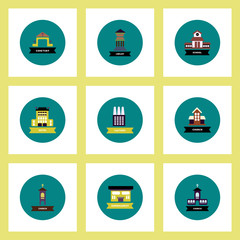 Collection of stylish vector icons in colorful circles different kinds of buildings