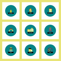 Collection of stylish vector icons in colorful circles different kinds of buildings