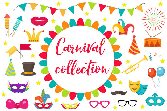Carnival, party icon set design element. Masquerade, Photo booth in modern flat style. Isolated on white background. Vector illustration, clip art
