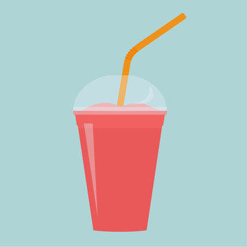 Pink Strawberry, Blueberry And Raspberry Smoothie In Red Cup With Straw. Smoothie To Go. Vector Illustration