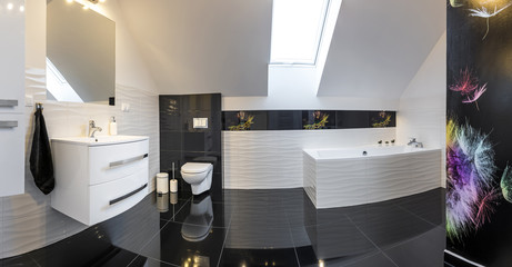Panoramic view of modern design comfortable bathroom
