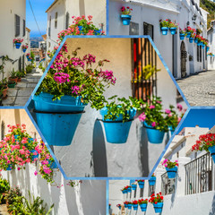 Collage of Mijas with flower pots in facades. Andalusian white village. Costa del Sol 