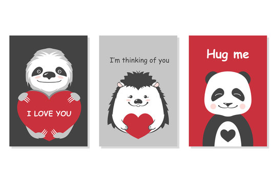 Greeting Cards Set - Cute Animals. Vector Hand Drawn Template For Valentine S Day Party, Scrapbooking Etc.