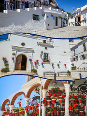 Fototapeta na wymiar Collage of Mijas with flower pots in facades. Andalusian white village. Costa del Sol 