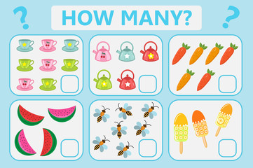 Childrens educational logic game. Mathematical task. How many. Vector illustration